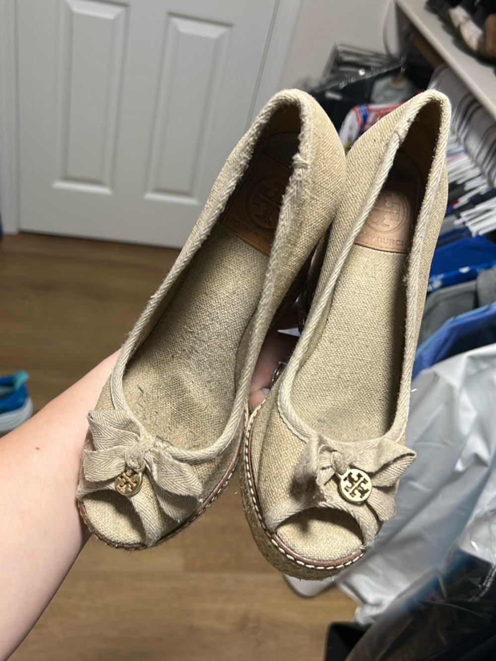 Tory Burch Natural Canvas Espadrille Peep-Toe Wedges with Logo Bow